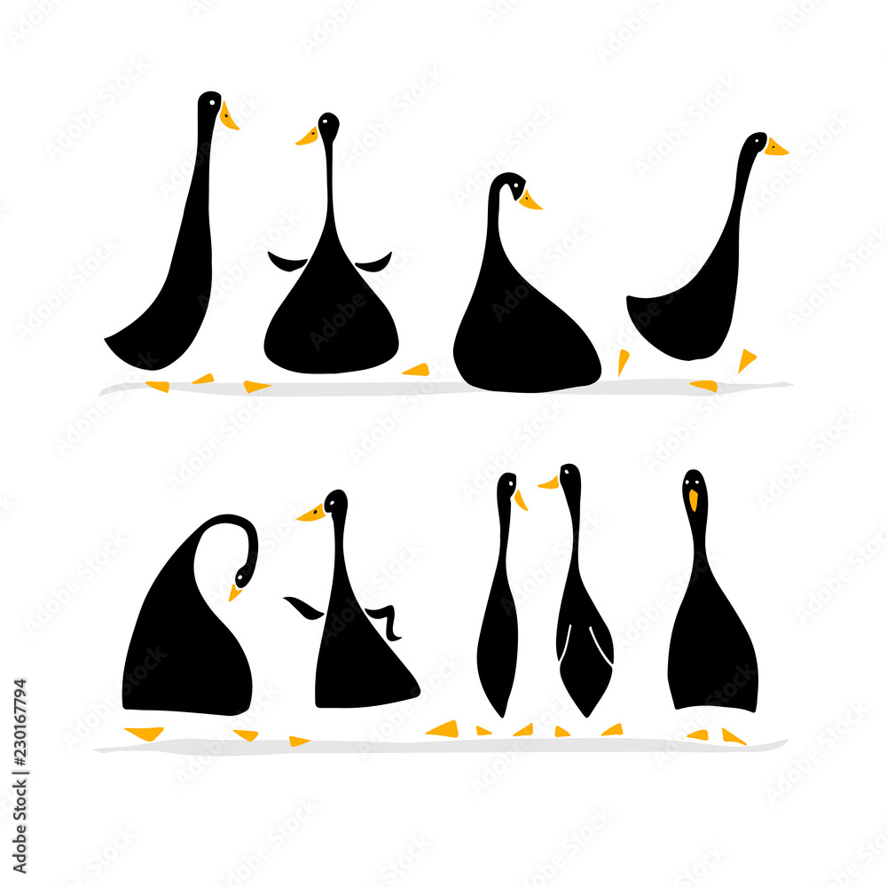 Obraz premium Funny goose set, sketch for your design
