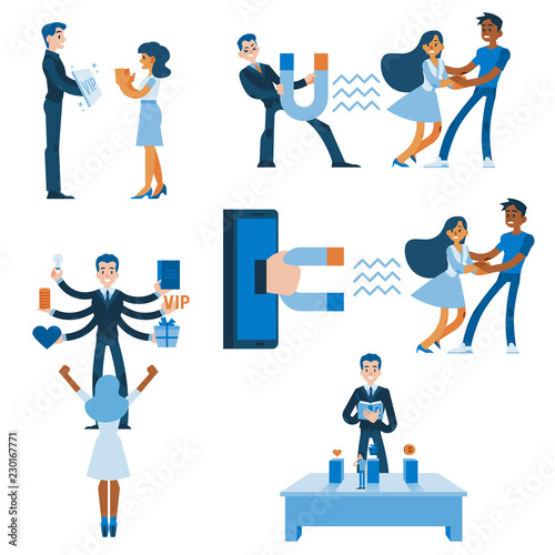 Vector customer retention and customer relations managment concept set with manager with magnet trying to attract woman client, offering special presents, discount, giving vip card, writing features.