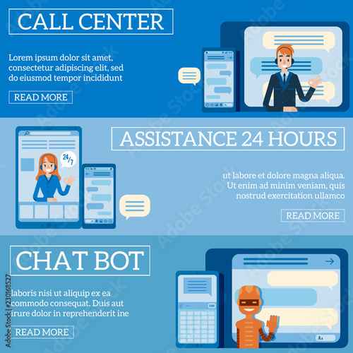 Vector hotline support poster set, online female and male assistant in headset showing okey gesture from screen. Customer support woman, man call center, cheerful chat bot waving hand