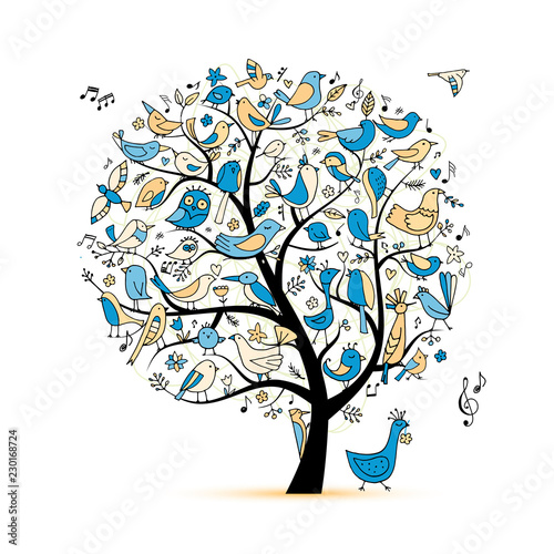 Tree with birds, sketch for your design