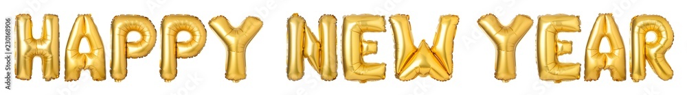Upper case letters HAPPY NEW YEAR from golden balloons, Isolated on white background Upper case letters HAPPY NEW YEAR from golden balloons, Isolated on white background