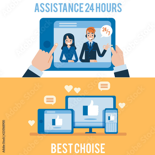 Vector hotline support poster set, online female and male assistant in headset showing okey gesture from screen. Customer support woman, man call center, thumbs up in devices, user making call