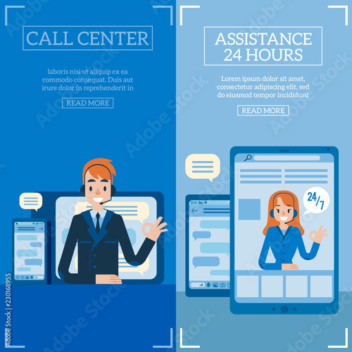 Vector hotline support poster set, online female and male assistant in headset showing okey gesture from smartphone screen. Customer support woman, man call center symbol and communication technology