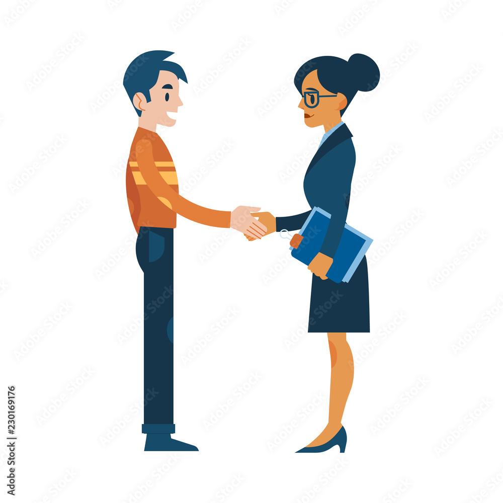 Vector business man and woman with folder shaking hands. Sign of successful job interview, deal, meeting or cooperation. Male, female characters greeting each other. Isolated illustration Vector business man and woman with folder shaking hands. Sign of successful job interview, deal, meeting or cooperation. Male, female characters greeting each other. Isolated illustration
