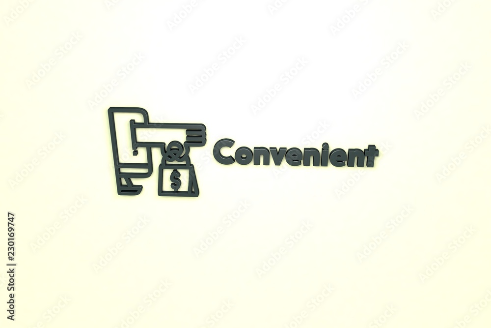 3D illustration of Convenient, grey color and grey text with light background. 3D illustration of Convenient, grey color and grey text with light background.