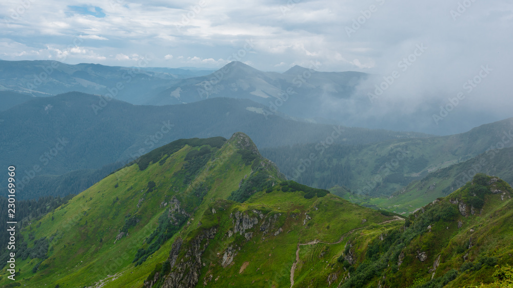 Scenic view of Carpathian mountains hills on sunny day