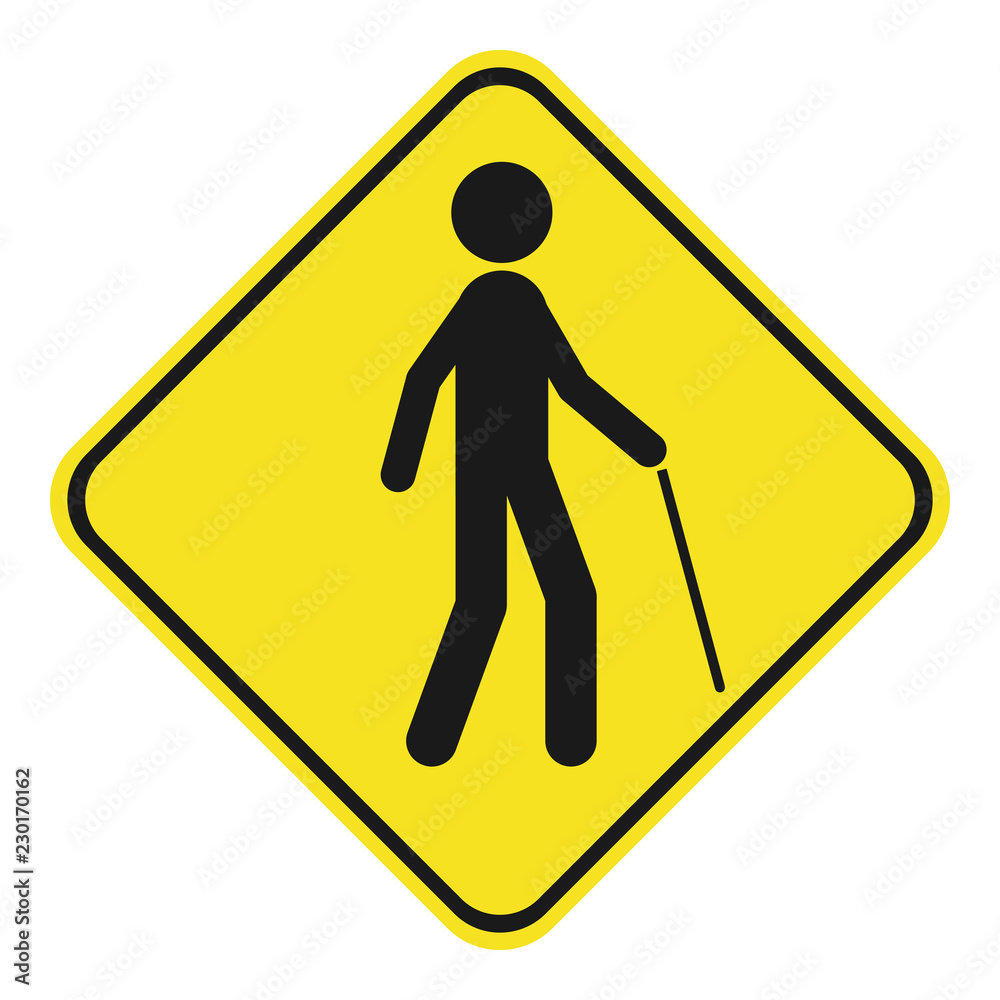 Blind pedestrian with walking stick. Yellow and black rhombus sign. Vector icon. Blind pedestrian with walking stick. Yellow and black rhombus sign. Vector icon.