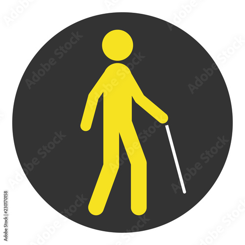 Blind pedestrian with walking stick. Vector icon.