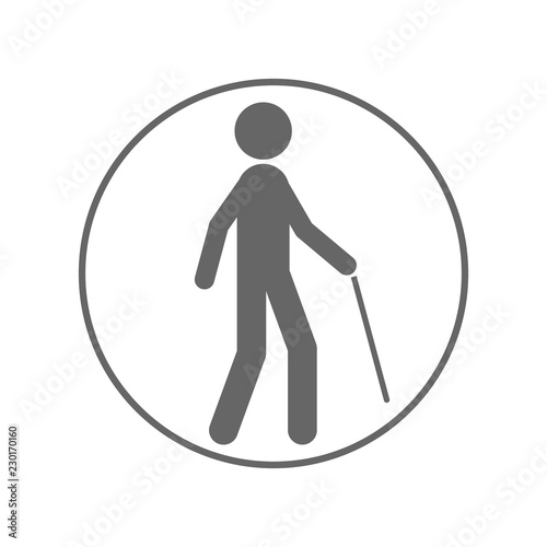 Aged man with walking stick. Blind pedestrian sign. Vector icon.