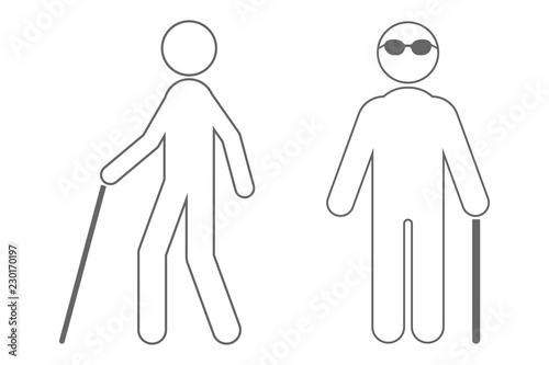 Blind man with walking stick and sunglasses. Outline. Vector icon.
