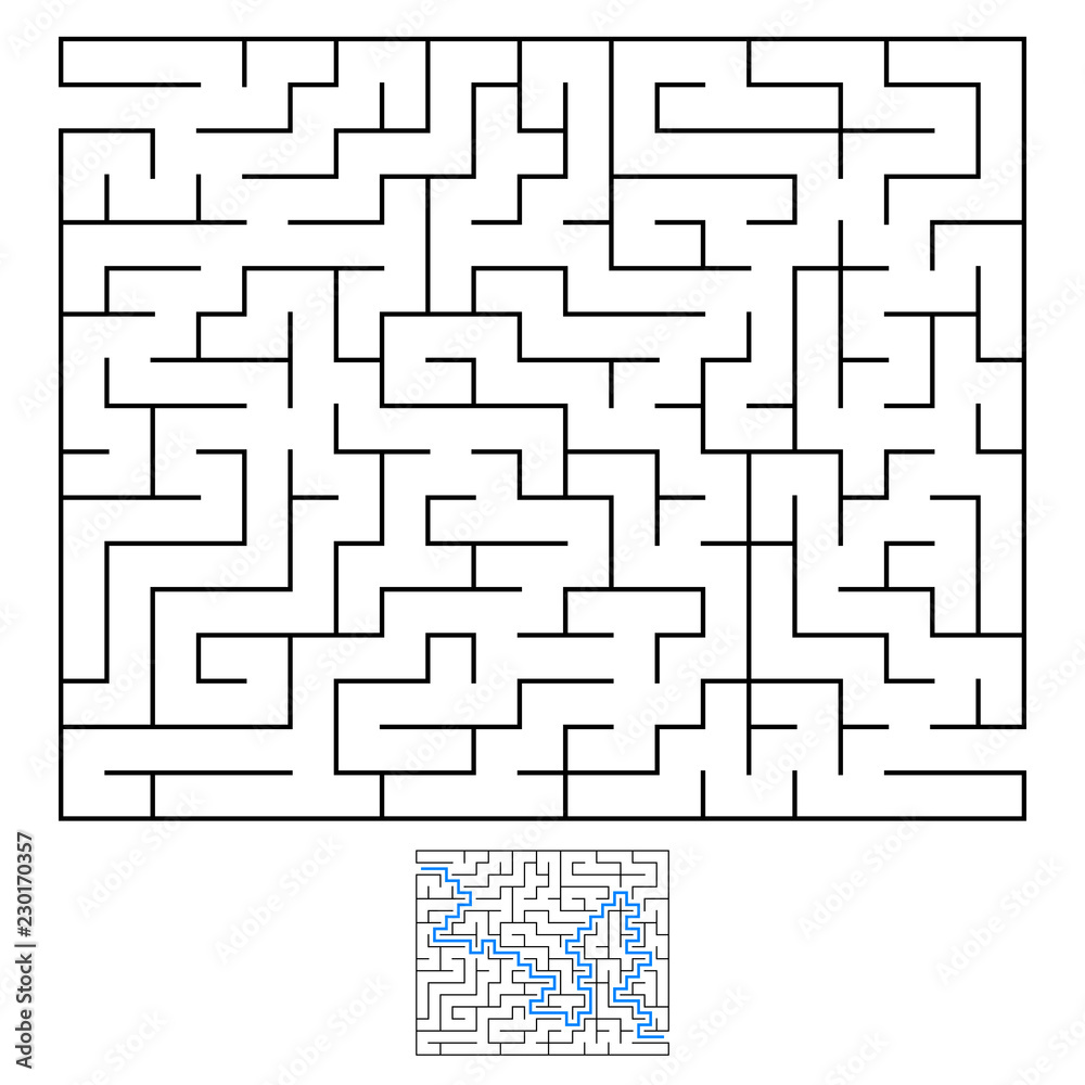 Abstract rectangular labyrinth. An interesting and useful game for children. With the entrance and exit. Simple flat vector illustration isolated on white background. With the answer. Abstract rectangular labyrinth. An interesting and useful game for children. With the entrance and exit. Simple flat vector illustration isolated on white background. With the answer.