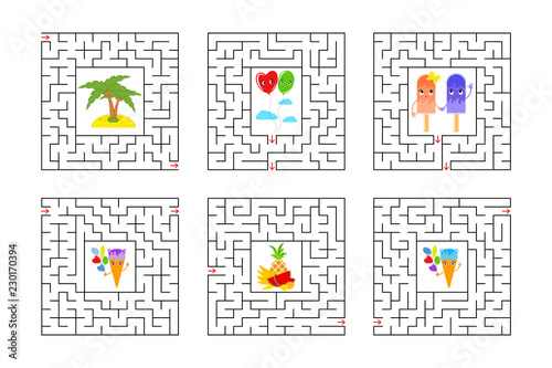 A set of square mazes. Game for kids. Puzzle for children. One entrances, one exit. Labyrinth conundrum. Flat vector illustration isolated on white background. With cartoon characters.