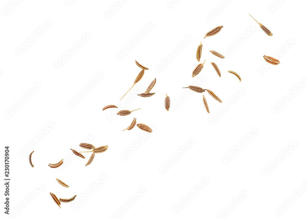 Cumin or caraway seeds isolated on white background. Top view.