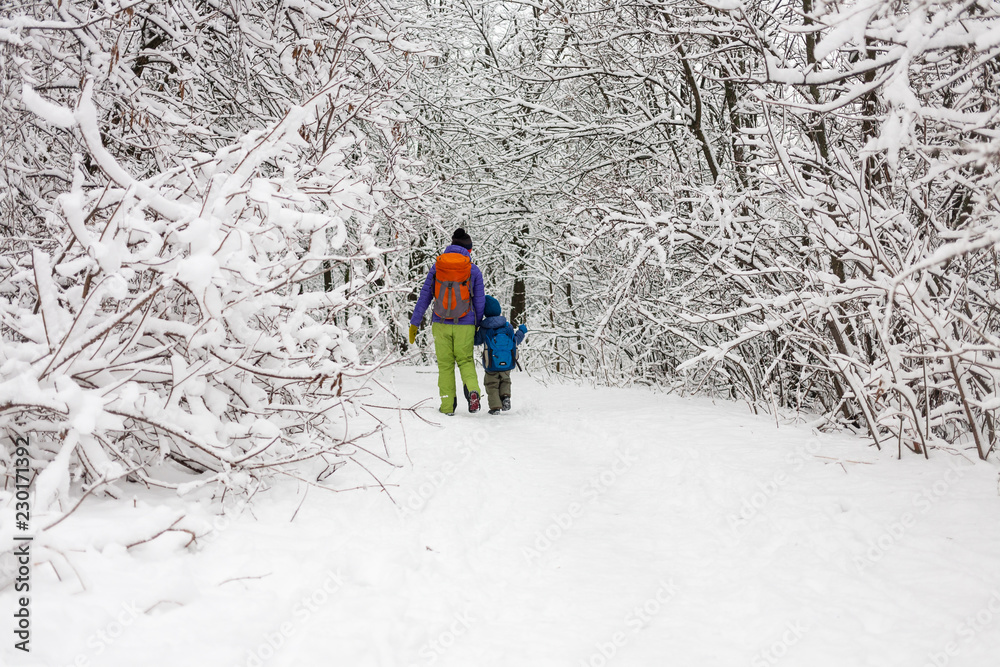Mom walks with her son over the snow covered forest.