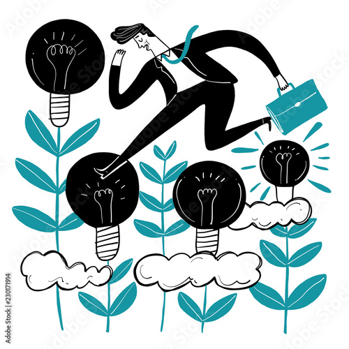 Business people who are creative. Running across the lamp metaphor of creativity. Vector illustrations in sketch doodle style.