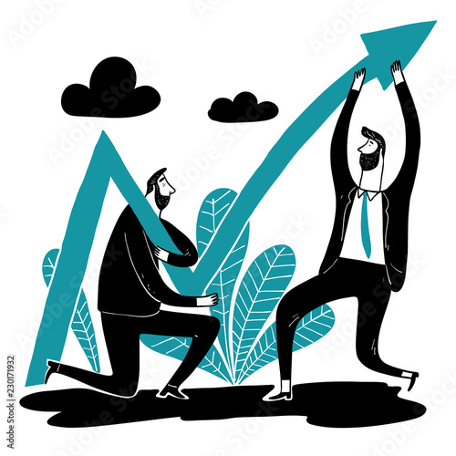 Business team help lift the arrow of the stock to help push the arrow is pointing up. Vector illustrations in sketch doodle style.