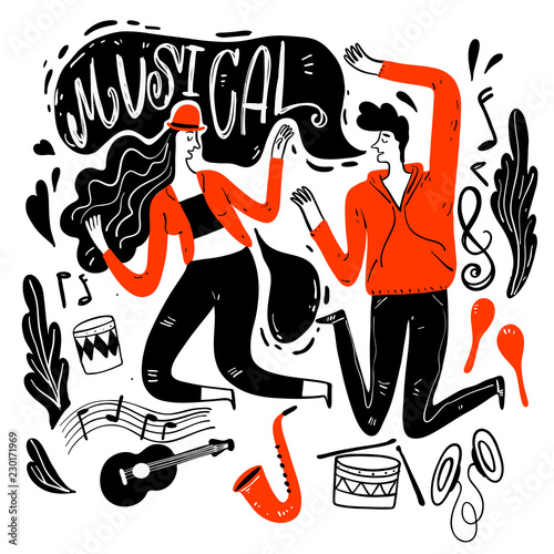Couples are dancing in Music Festival. Moments of relaxation the appearance and lifestyle. Collection of hand drawn. Vector illustration in sketch doodle style,Painting strokes, semi-abstract