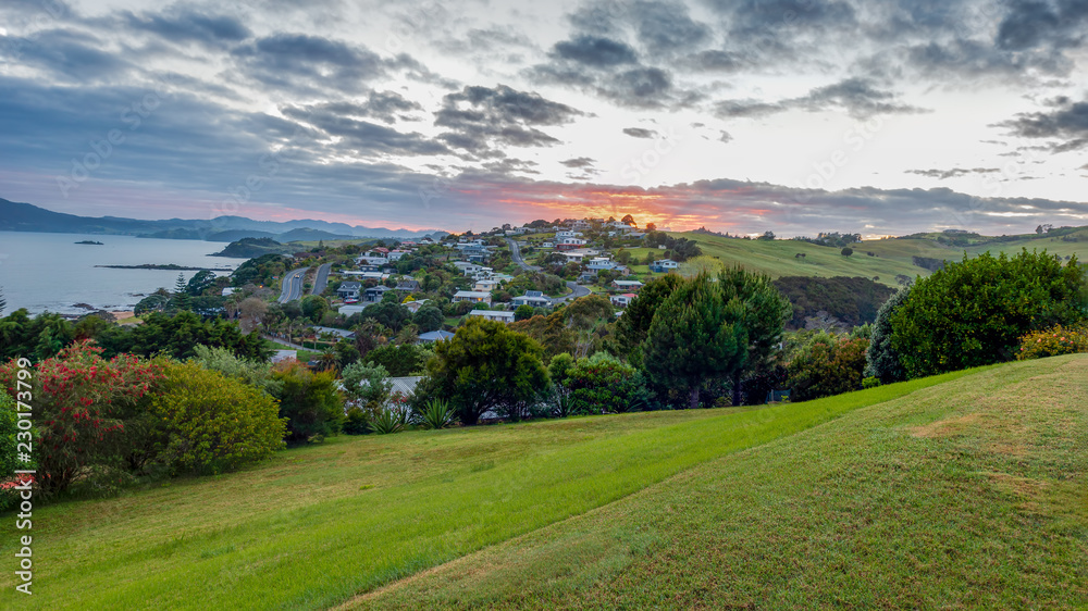 Panoramic view of Cable Bay at sunrise and Mangonui in New Zealand