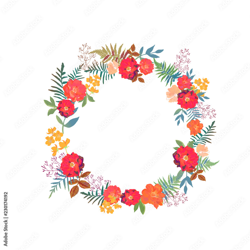 Wreath with flowers and leaves in circle. Colorful floral orname