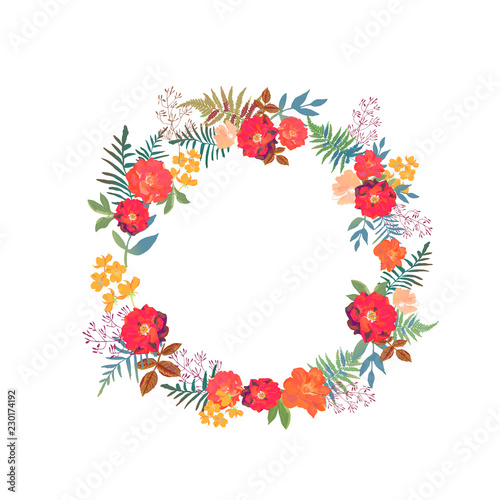 Fototapeta Naklejka Na Ścianę i Meble -  Wreath with flowers and leaves in circle. Colorful floral orname