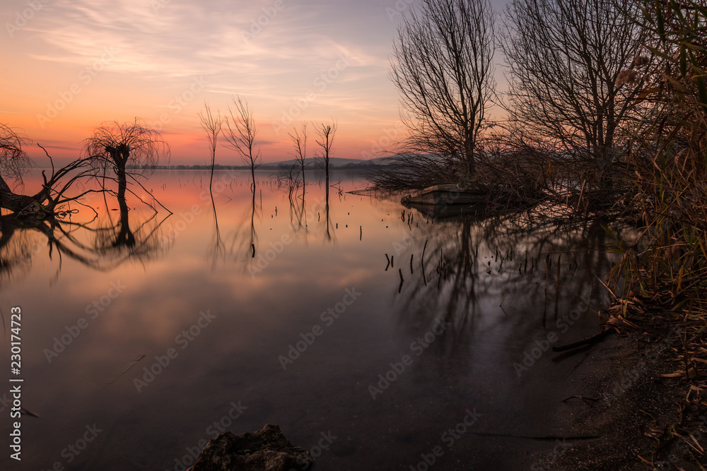 Beautiful sunset at Trasimeno lake (Umbria), with perfectly still water, skeletal trees and beautiful warm colors