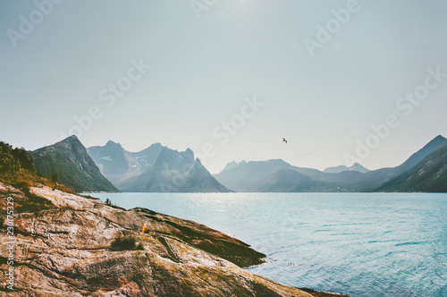 Mountains and sea landscape in Norway Travel vacations idyllic summer scenery Senja islands
