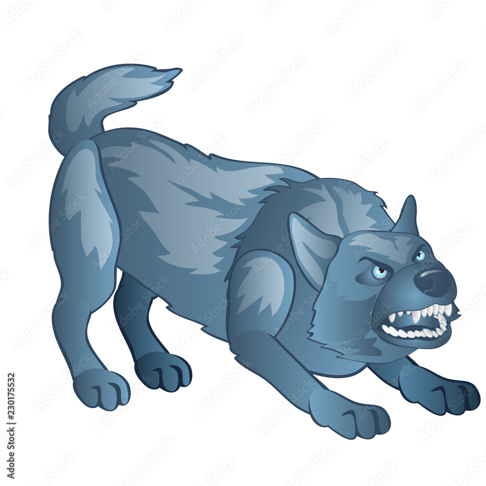 Angry gray dog bares his teeth. Animated werewolf isolated on white  background. Vector cartoon close-up illustration. Stock Vector | Adobe Stock
