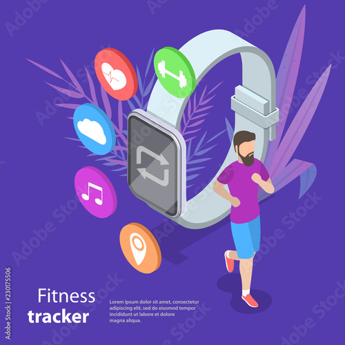 Isometric flat vector concept of fitness tracker, smart watch, sport and healthy lifestyle.