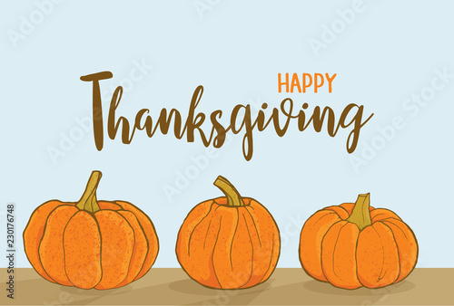 Happy Thanksgiving illustration. Letters on blue background with hand drawn textured pumpkins.