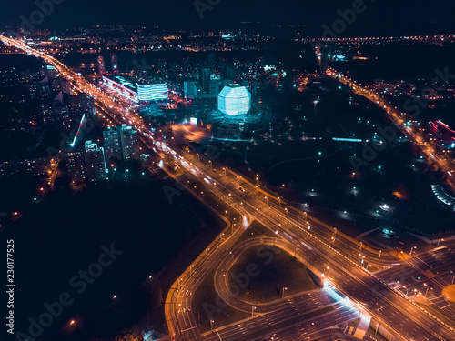 Night panorama of the city of Minsk Belarus, top aerial