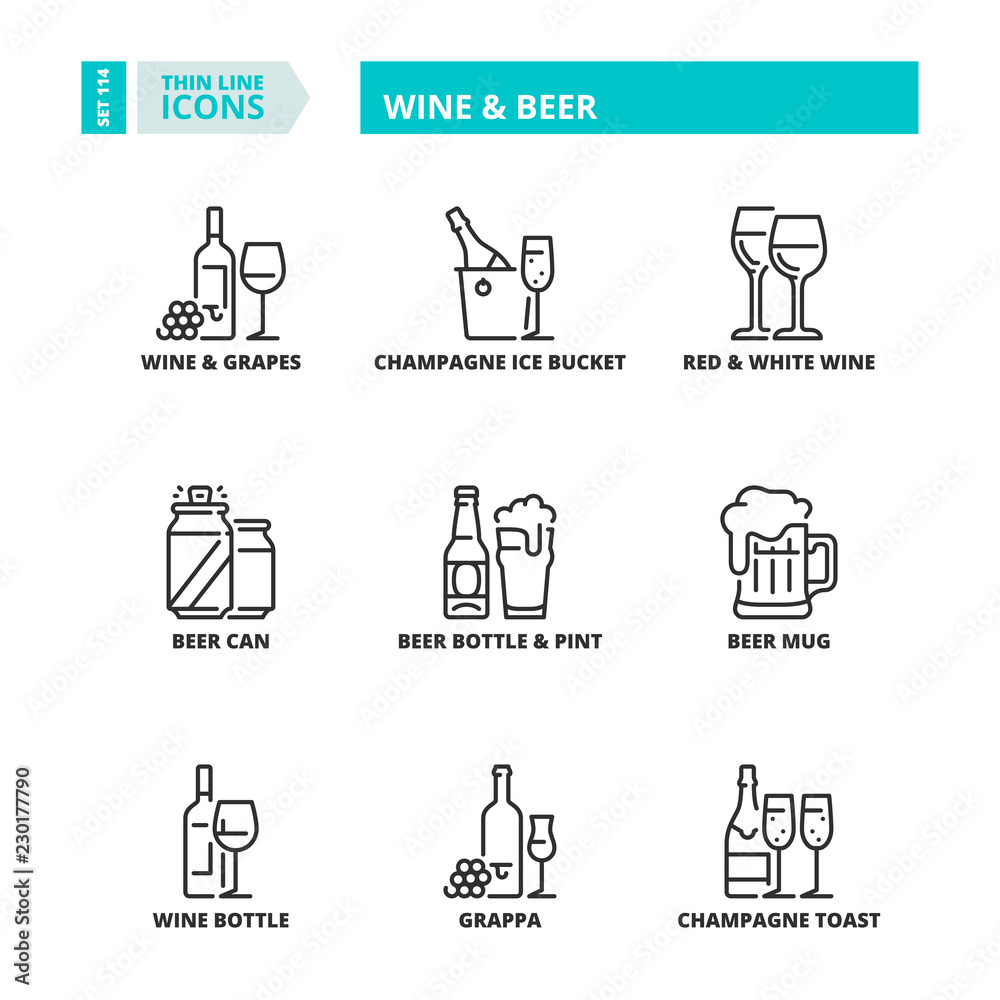 Thin line icons. Drinks. Wine and beer Thin line icons. Drinks. Wine and beer