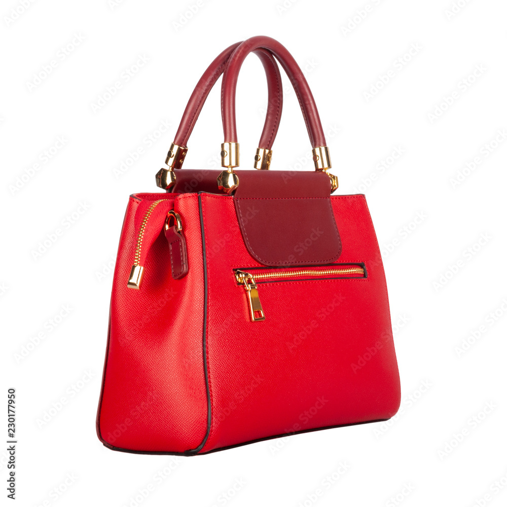 Red leather women bag with burgundy flap top. Side view Red leather women bag with burgundy flap top. Side view