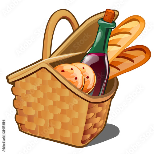 Picnic wicker basket with food product, oatmeal cookies, bottle of wine, fresh loaf isolated on white background. Vector illustration.