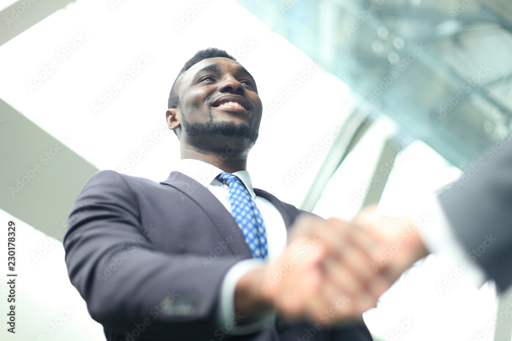 Business meeting. African American businessman shaking hands with caucasian businessman.