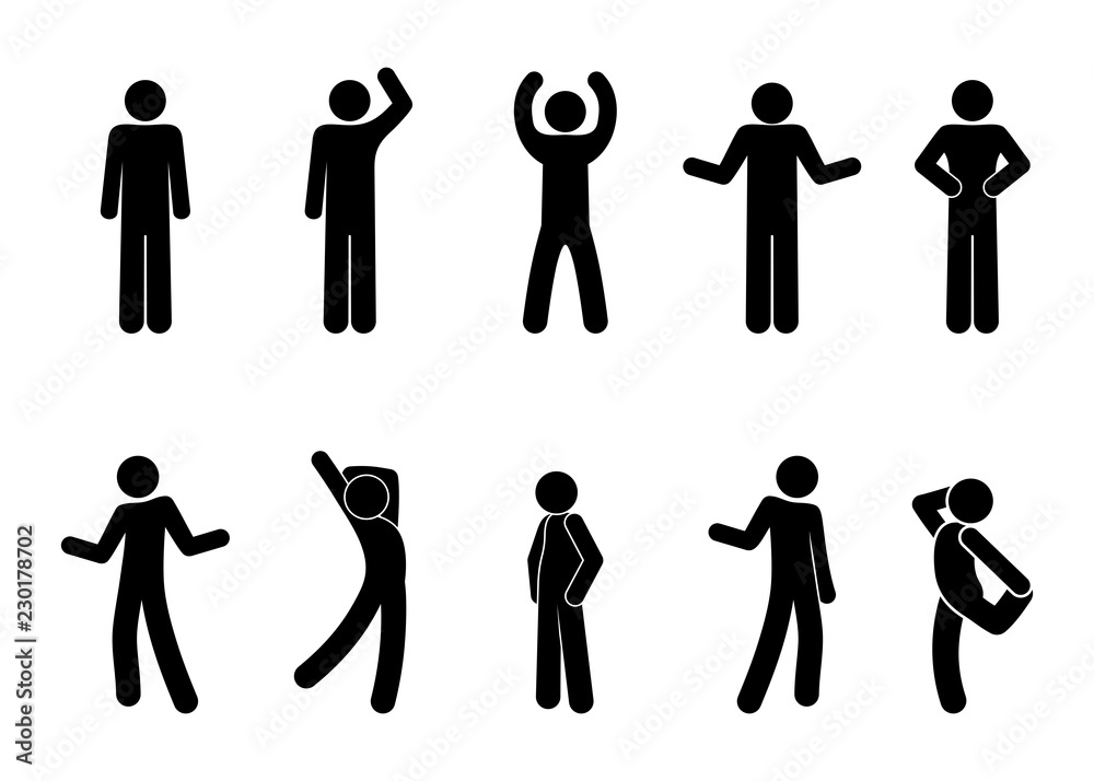 icon man stands, a set of pictograms, various poses and body position of standing people, stick figure human silhouett icon man stands, a set of pictograms, various poses and body position of standing people, stick figure human silhouett
