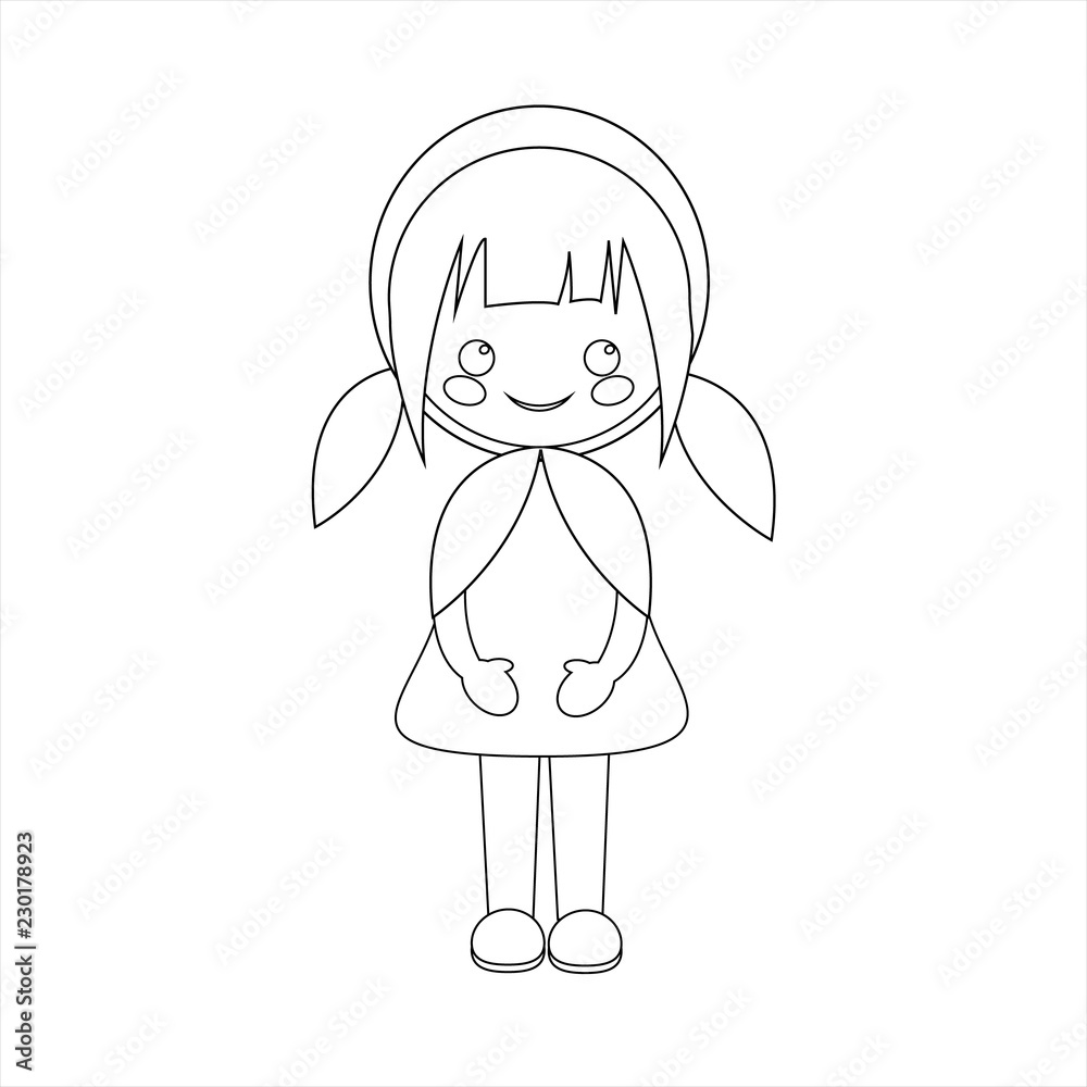Simple vector of Little Red Riding Hood standing with a dress and with two pigtails to black line to be able to paint when you print it. Simple vector of Little Red Riding Hood standing with a dress and with two pigtails to black line to be able to paint when you print it.