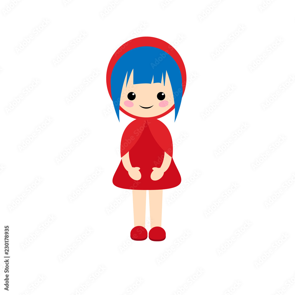Simple vector of Little Red Riding Hood with blue short hair and a red dress and shoes. Simple vector of Little Red Riding Hood with blue short hair and a red dress and shoes.