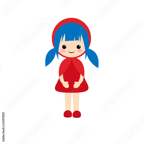 Simple vector of Little Red Riding Hood standing with her red dress and blue hair with two pigtails.