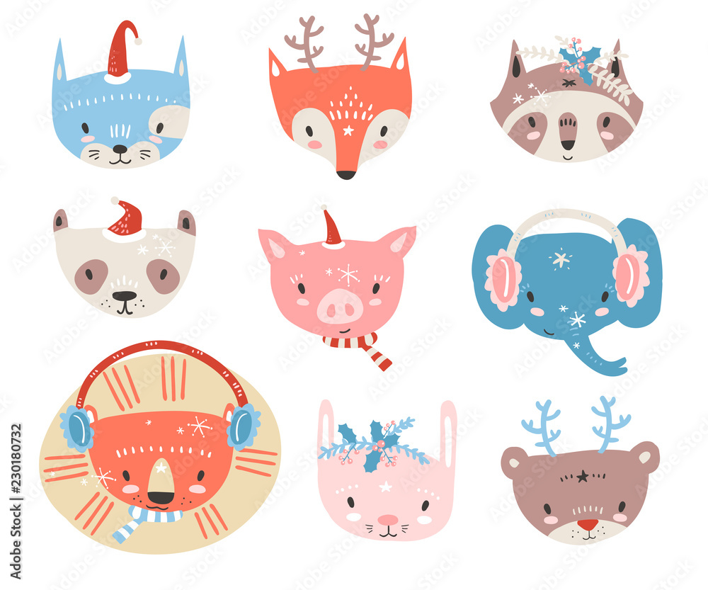 Obraz premium Vector collection with tiny animal faces in winter costumes. Emo