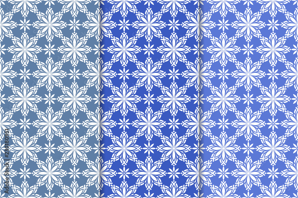 Blue floral ornaments. Set of vertical seamless patterns Blue floral ornaments. Set of vertical seamless patterns