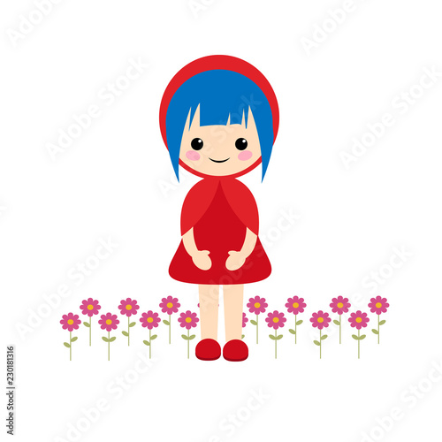Simple vector of little red riding hood with short blue hair and some flowers on her feet.