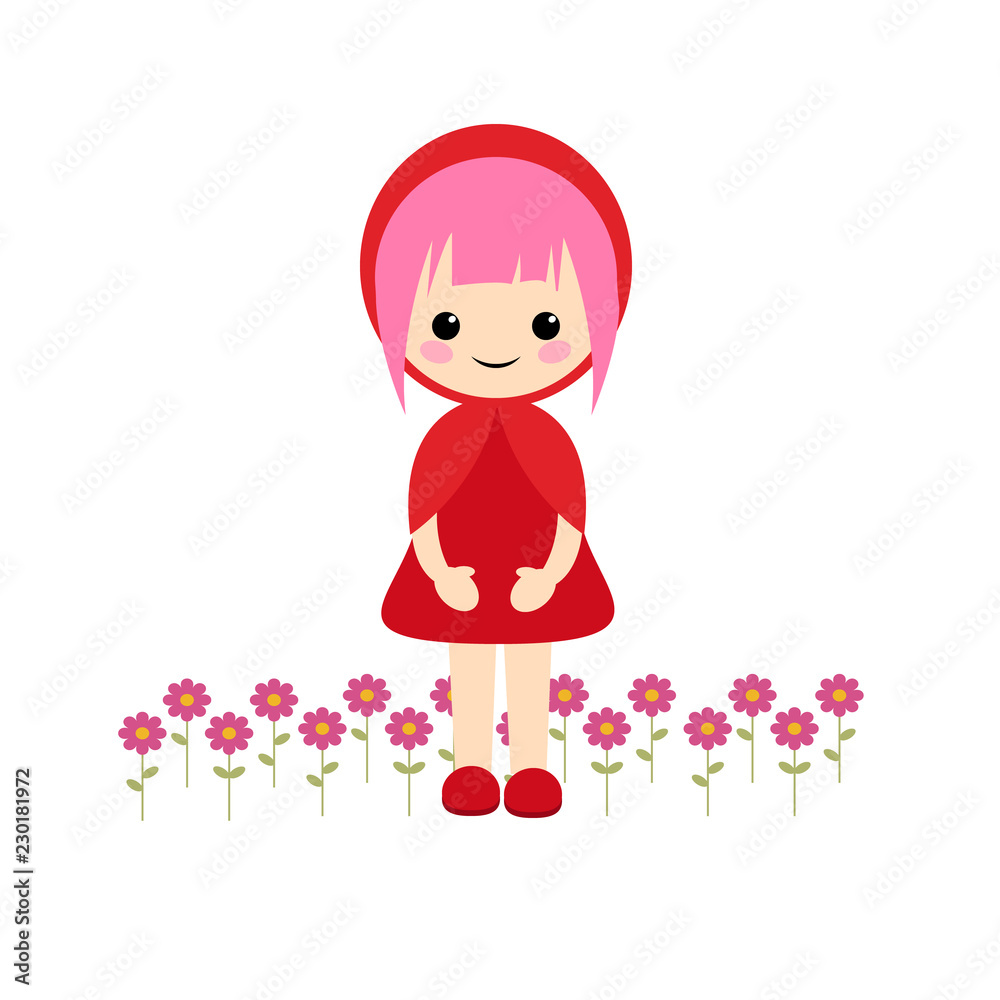 Simple vector of little red riding hood with short pink hair and some flowers on her feet. Simple vector of little red riding hood with short pink hair and some flowers on her feet.
