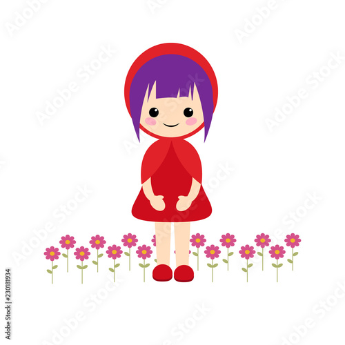 Simple vector of little red riding hood with short lilac hair and flowers on her feet.