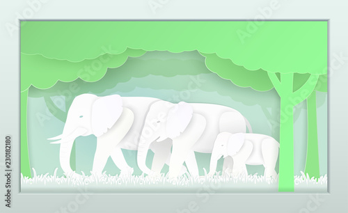 Vector nature and wildlife that is an elephant.And views of the landscape and the colors are beautiful and a papercut and used as wallpaper