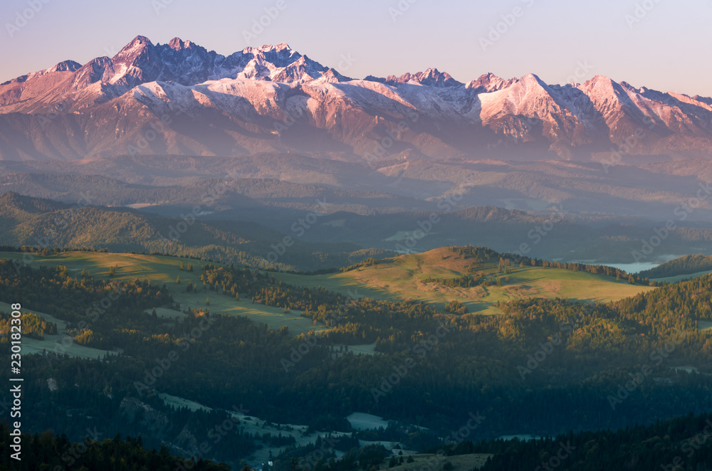 Beautiful autumn panorama over Pieniny to snowy Tatra mountains in the morning, Poland, Slovakia