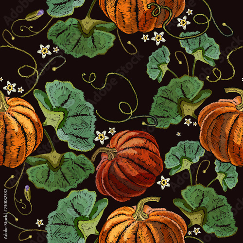 Embroidery vintage orange pumpkin seamless pattern. Template for clothes, t-shirt design. Food pattern