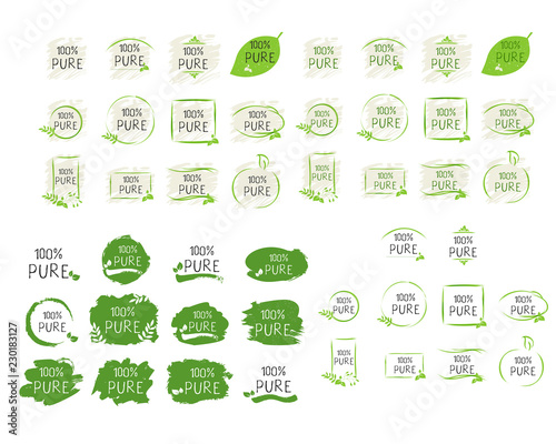 100 Pure label and high quality product badges. Bio healthy Eco food organic  bio and natural product icon. Emblems for cafe  packaging etc. Vector