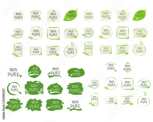 100 Pure label and high quality product badges. Bio healthy Eco food organic, bio and natural product icon. Emblems for cafe, packaging etc. Vector