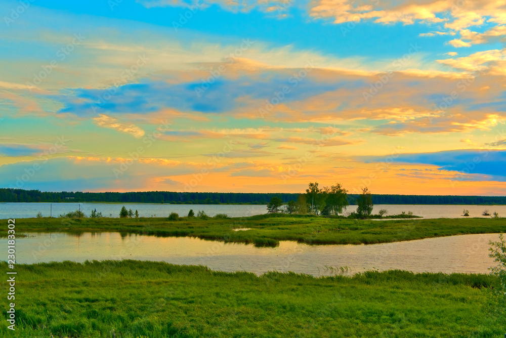 Lead and the Volga River in the summer twilight. Kostroma, Russia.