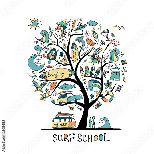 Art tree with surfing design elements. Surf school